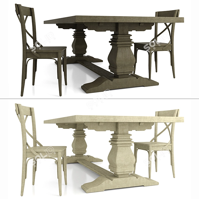 Rustic Wood Dining Table - Dark & Light Wood, Chairs Included 3D model image 2
