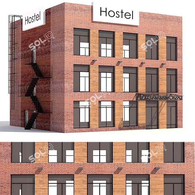 Brick Hotel with Outdoor Staircase 3D model image 1