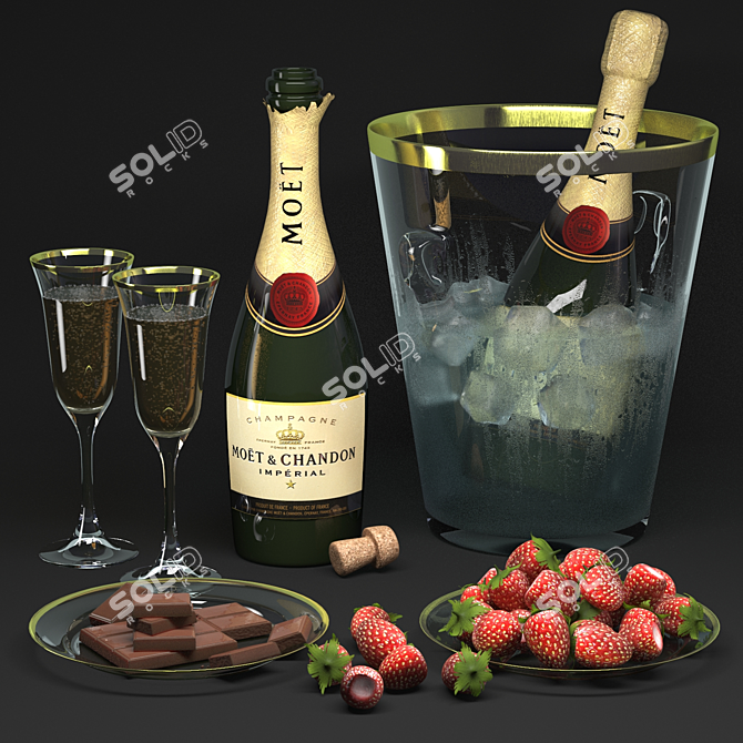 Sparkling Delight: Champagne & Strawberries 3D model image 1