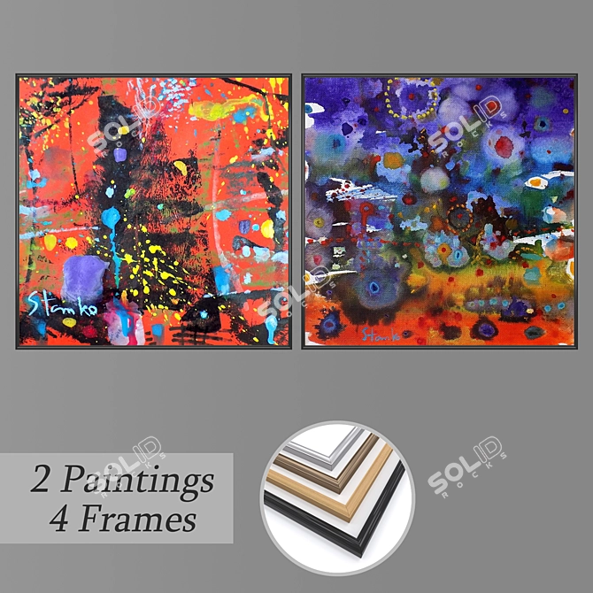 Artful Collection: 2 Paintings & 4 Frame Options 3D model image 1