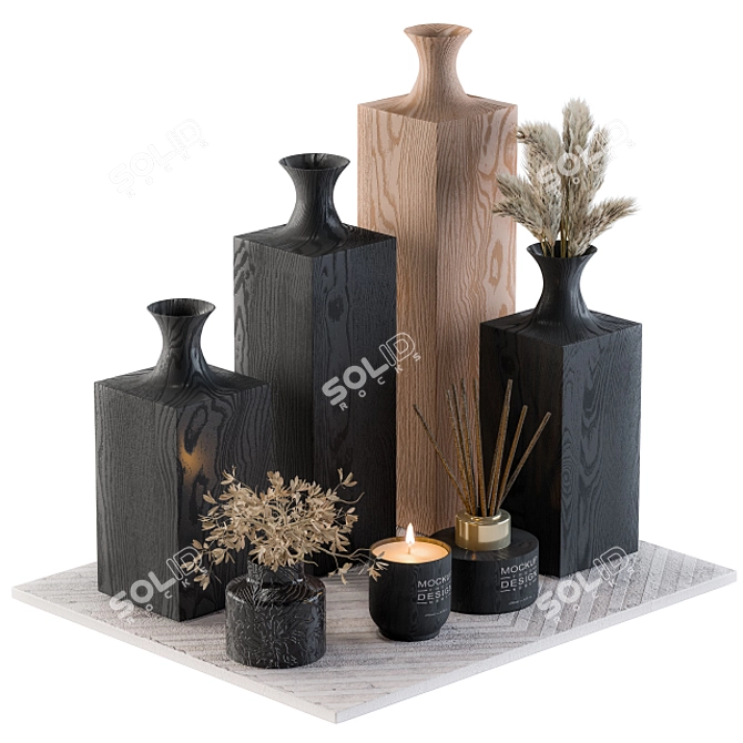 Rustic Wood Vases with Dried Plants 3D model image 1