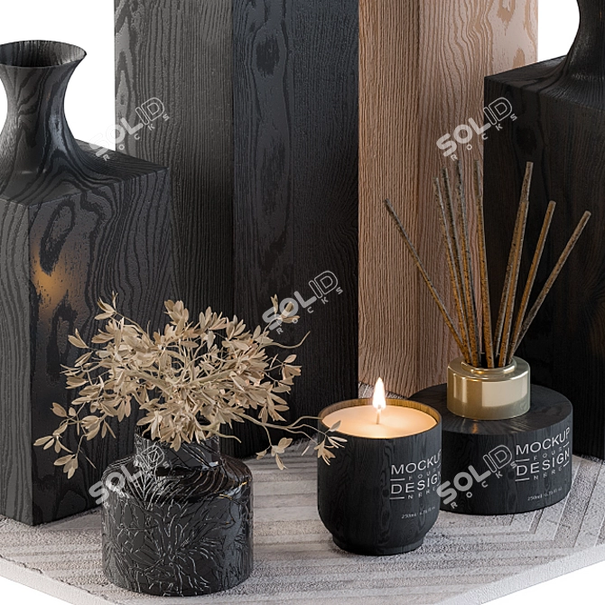 Rustic Wood Vases with Dried Plants 3D model image 2