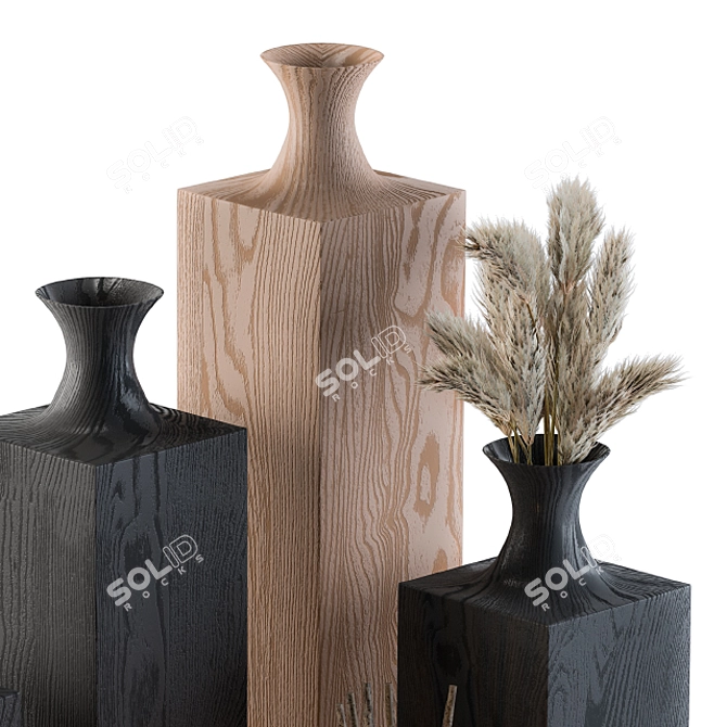 Rustic Wood Vases with Dried Plants 3D model image 3