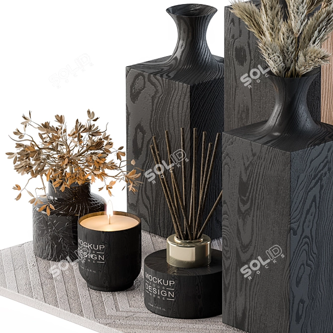 Rustic Wood Vases with Dried Plants 3D model image 4