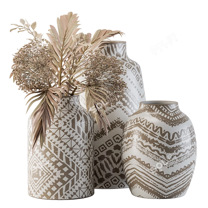 Artistic Hand-Drawn Vases & Dried Florals 3D model image 1