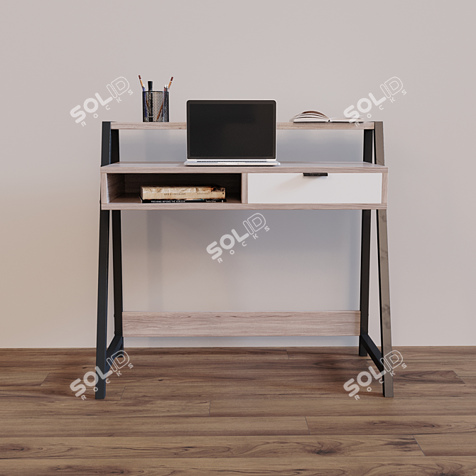 Modern Wood Desk & Metal Accent Chair 3D model image 3