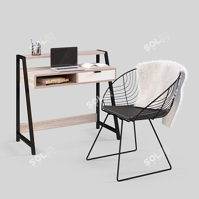 Modern Wood Desk & Metal Accent Chair 3D model image 5