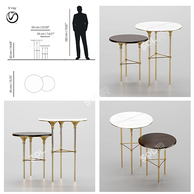 Elegant Eva Side Table - Walnut, Marble & Gold 3D model image 6