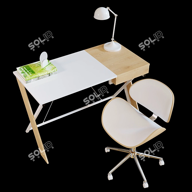 Elegant Workplace Set with Desk, Lamp, and Chair 3D model image 2