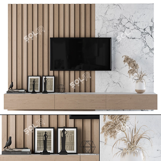 Elegant Wood & Marble TV Wall Set 3D model image 1