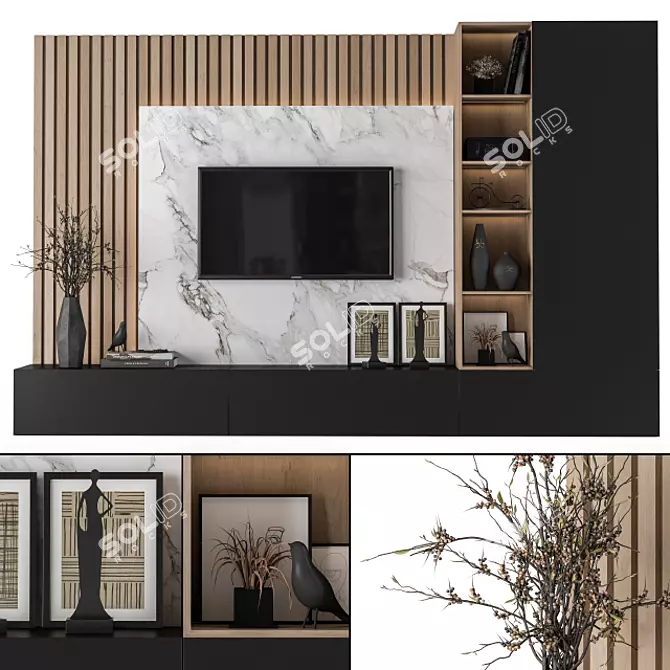 Modern TV Wall - Wood & White Marble 3D model image 1