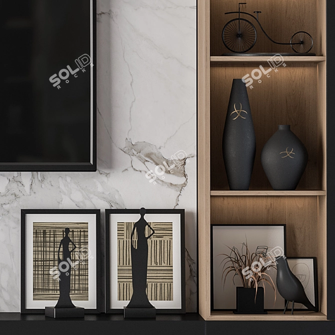 Modern TV Wall - Wood & White Marble 3D model image 3