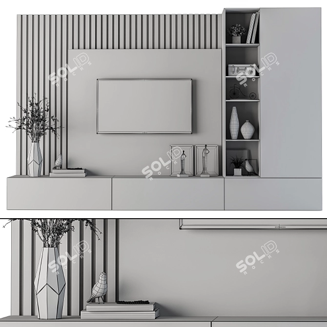Modern TV Wall - Wood & White Marble 3D model image 4