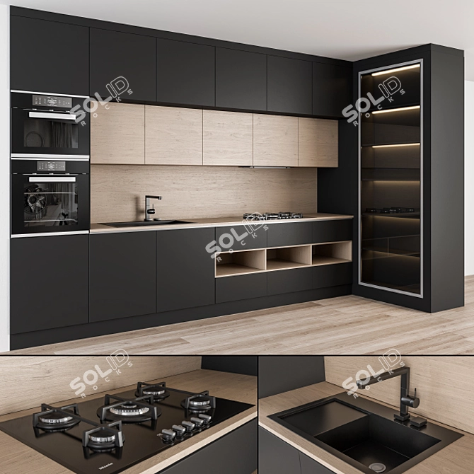 Modern Black Wood Kitchen 3D model image 1