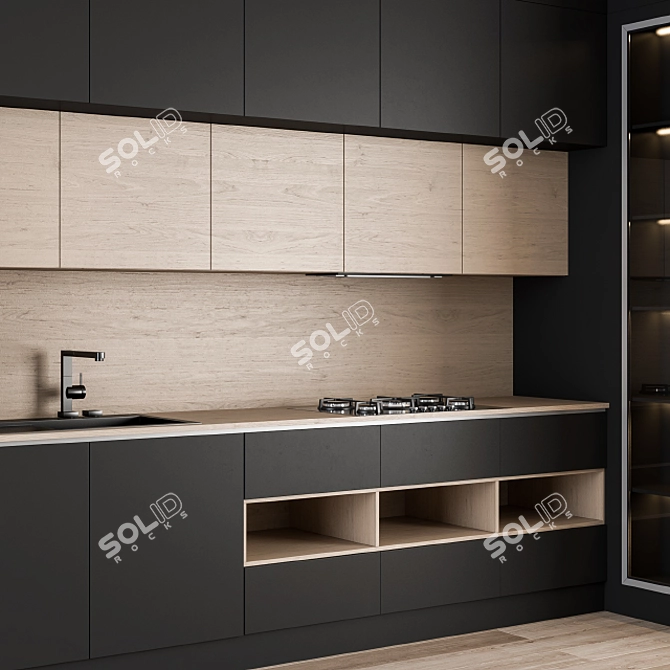 Modern Black Wood Kitchen 3D model image 4