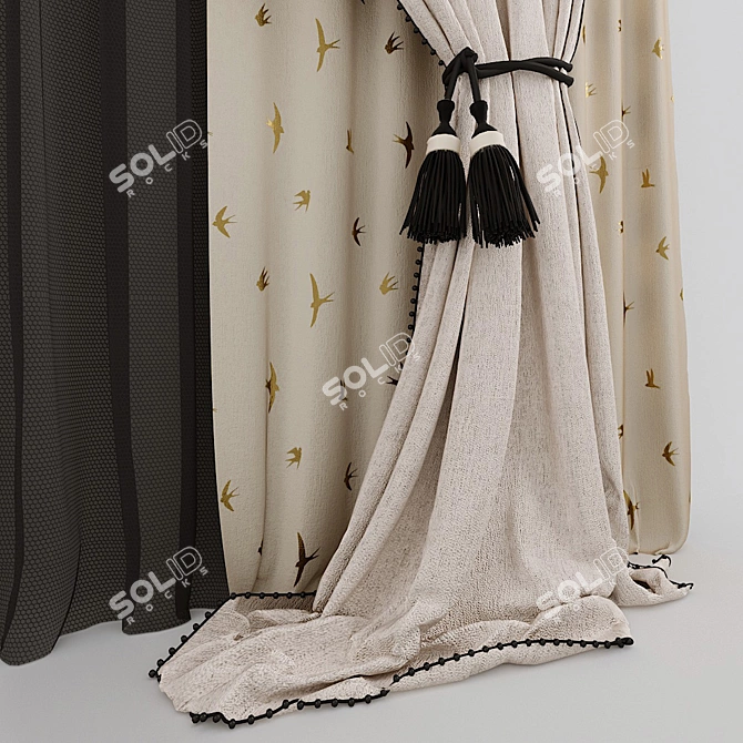 Swallow Print Curtains: Elegant with Beaded Tiebacks 3D model image 2