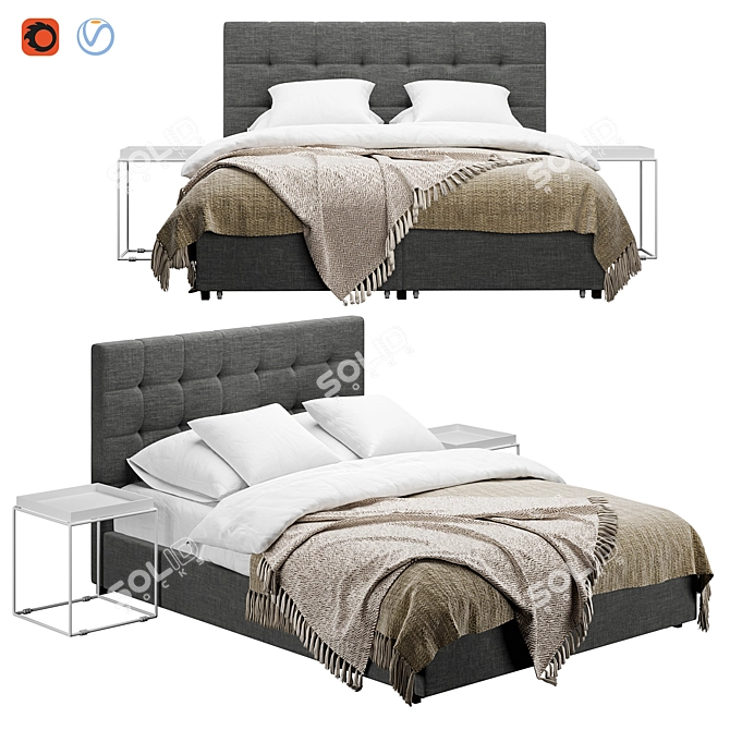Sleek Fabric Bed with Side Table 3D model image 1