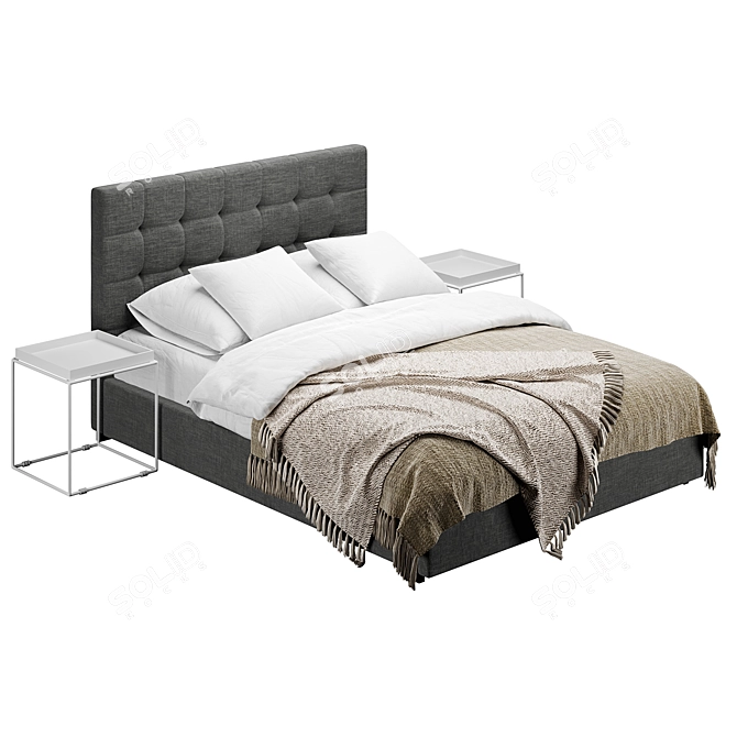 Sleek Fabric Bed with Side Table 3D model image 2