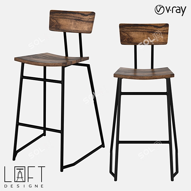 Stylish Wood and Metal Bar Stool 3D model image 1