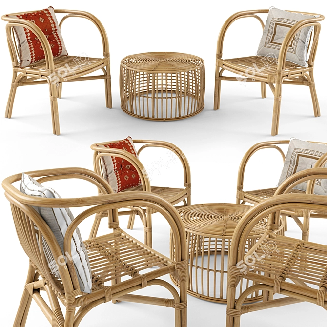 3-Piece Rattan Table & Chair Set: Stylish & Durable 3D model image 1