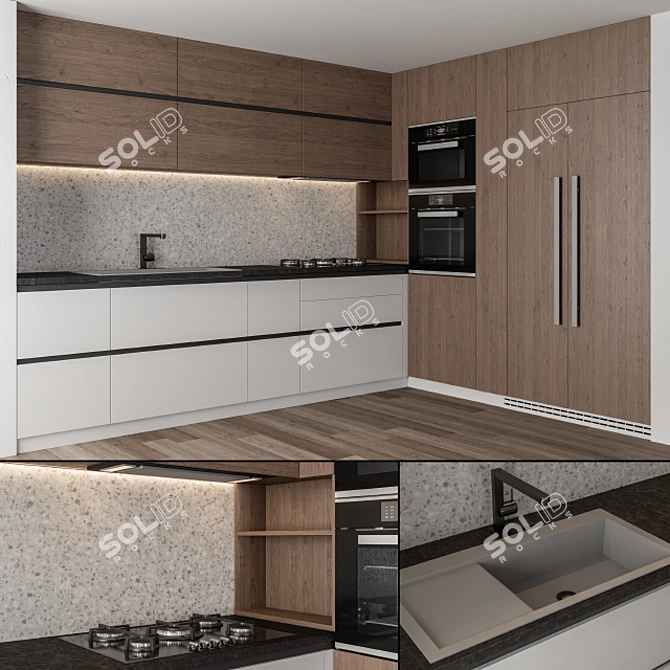 Sleek Black & Wood 28: Modern Kitchen 3D model image 1