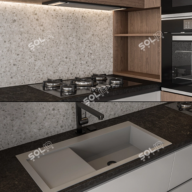 Sleek Black & Wood 28: Modern Kitchen 3D model image 2