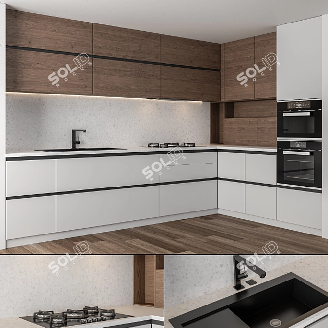 Wooden White Modern Kitchen: Elegant & Functional 3D model image 1