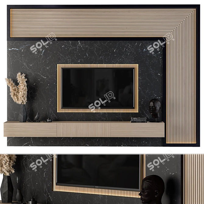 Modern Wood and Black Marble TV Set 3D model image 1