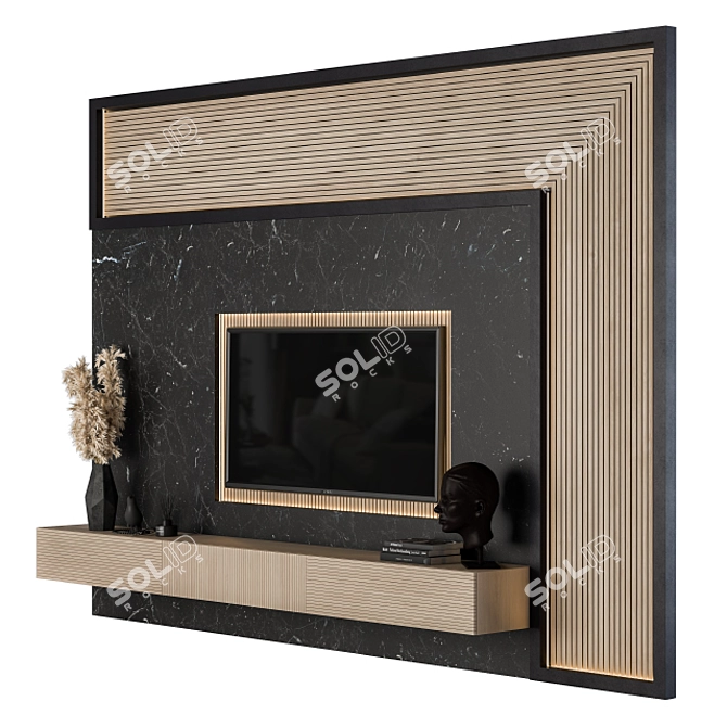 Modern Wood and Black Marble TV Set 3D model image 2