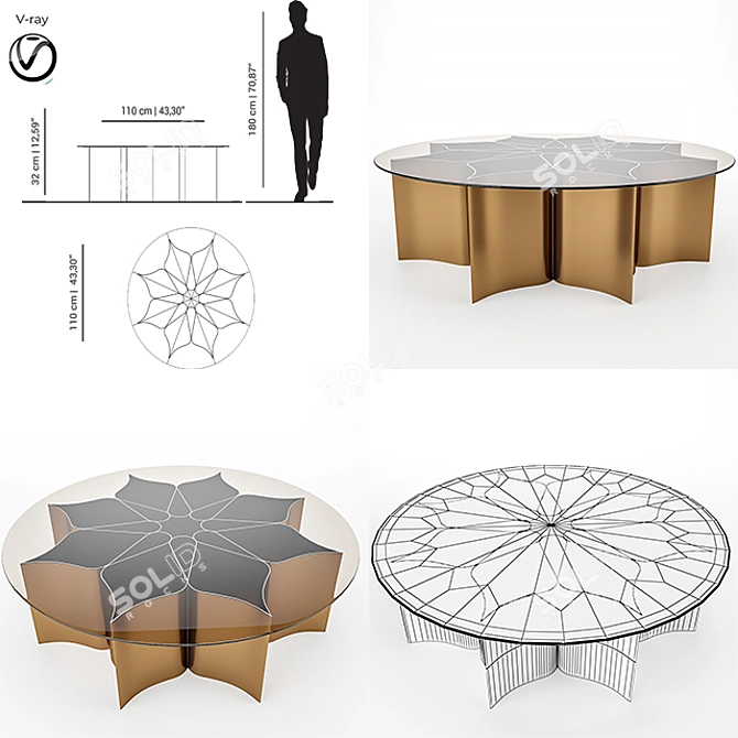 Elegant Lotus Brass Glass Table 3D model image 4