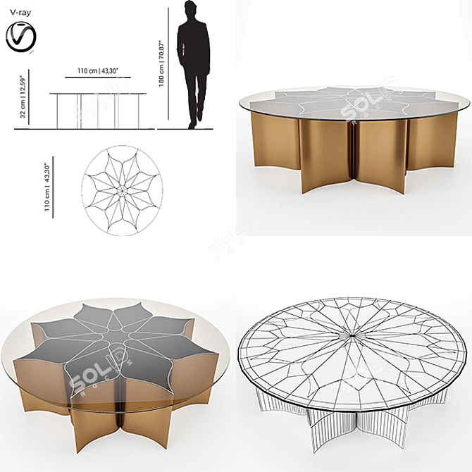 Elegant Lotus Brass Glass Table 3D model image 12