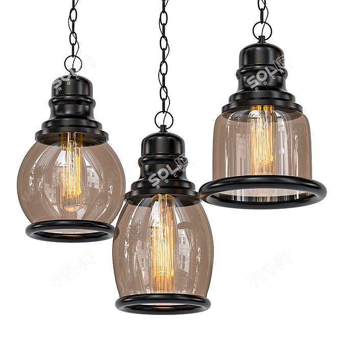 Vintage Amber Glass Loft Pendant Lights 3D model image 1