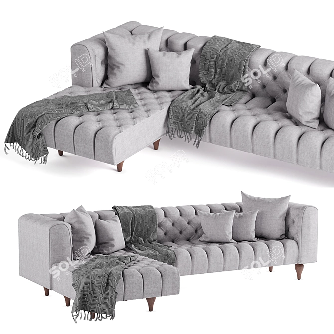 Elegant Grey Tufted L-Shaped Sofa 3D model image 2