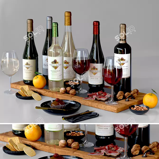 Fruit & Wine Extravaganza: Citrus, Orange, Red & White Wine, Jamon, Walnut 3D model image 1