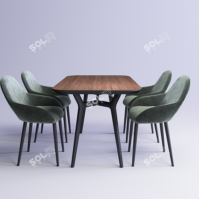Unika Johann Walnut Table with Ervin Designer Chairs 3D model image 2