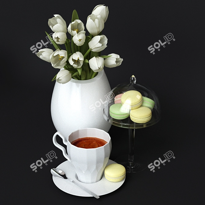 Morning Delights: Coffee, Macarons & Blooms 3D model image 2