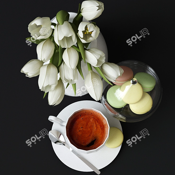 Morning Delights: Coffee, Macarons & Blooms 3D model image 3