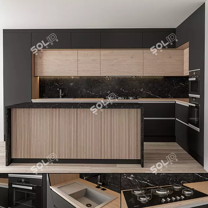 Stylish Black & Wood Kitchen 3D model image 1