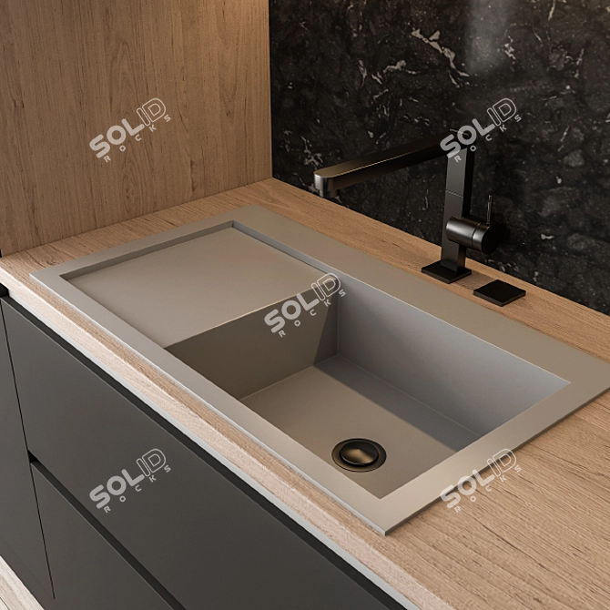 Stylish Black & Wood Kitchen 3D model image 2