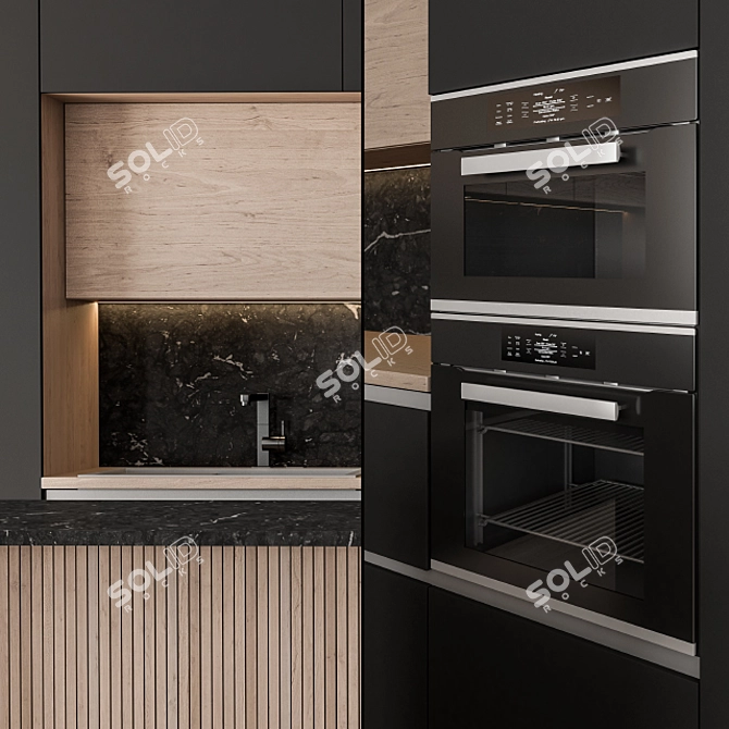 Stylish Black & Wood Kitchen 3D model image 3