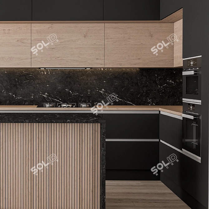 Stylish Black & Wood Kitchen 3D model image 4