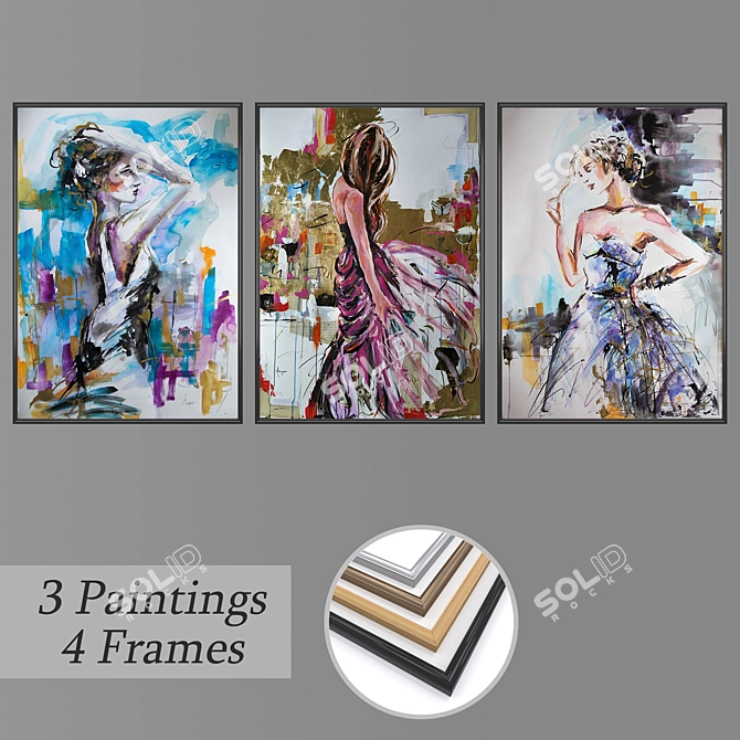 Set of 3 Wall Paintings with Frames 3D model image 1