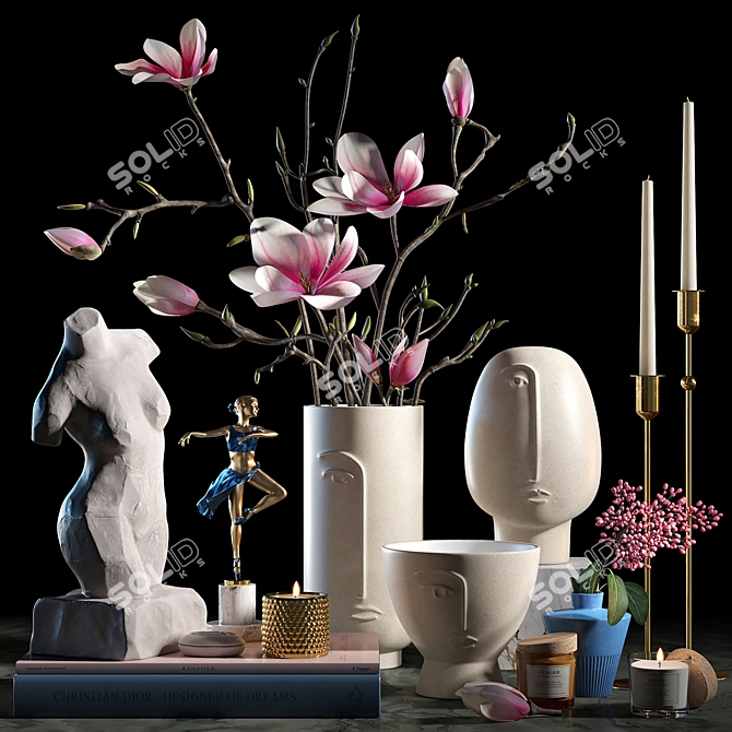 Ceramic Decor Set: Sculptures, Vase, Pot & Scented Candle 3D model image 1