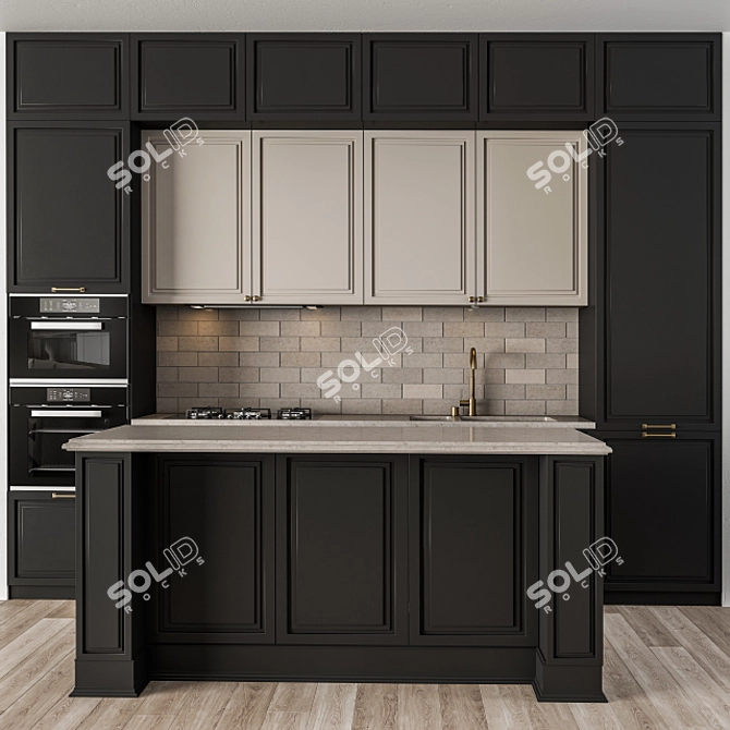 Classic Elegance: Black & Cream Kitchen Set 3D model image 1