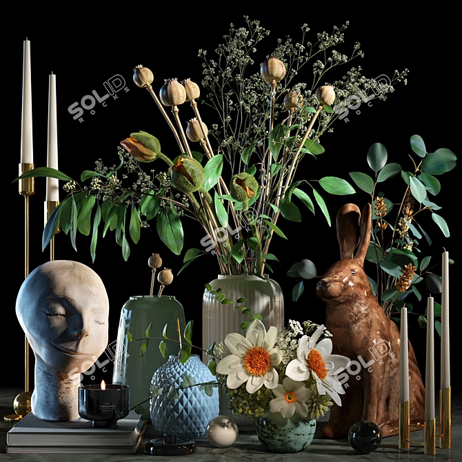 Decor Set: Sculpture, Rabbit Vase & Candle Holder 3D model image 1