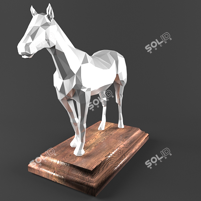 Polygonal Horse Sculpture on Wooden Platform 3D model image 2