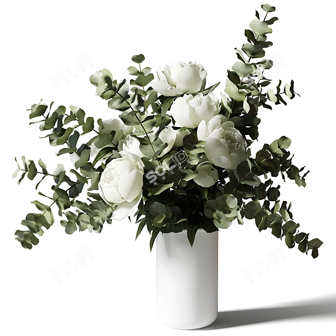 Eucalyptus & Peony Bouquet in White Vase 3D model image 1