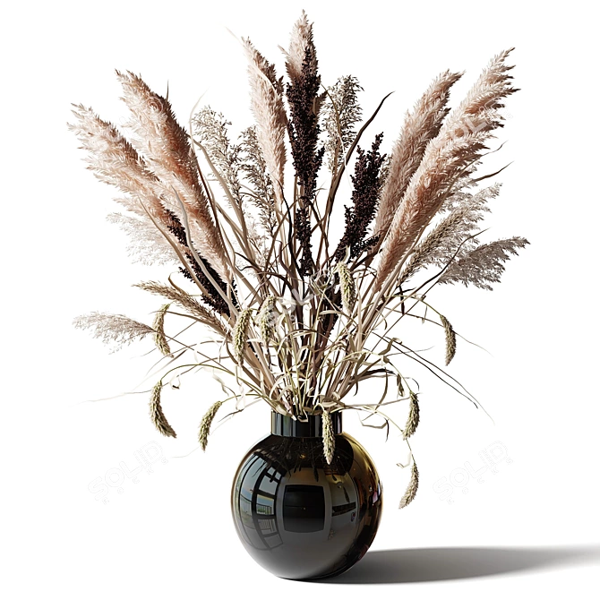 Elegant Tall Grass Bouquet in Black Vase 3D model image 1