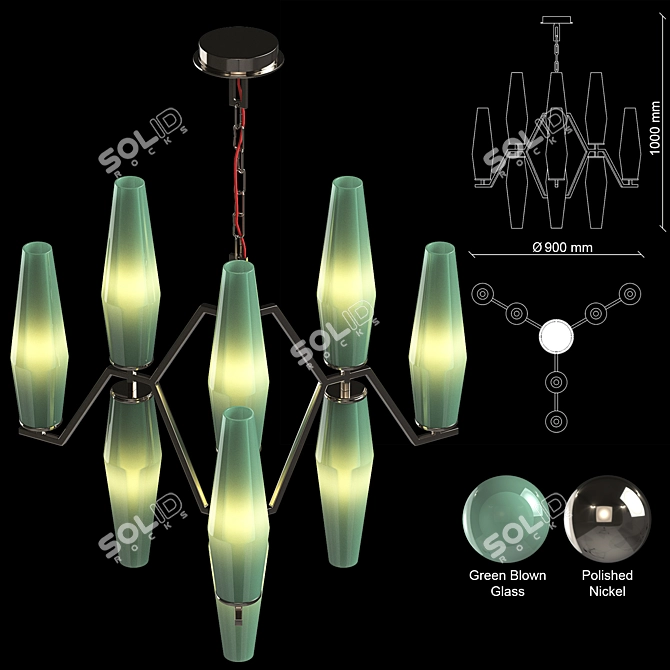 Elegant Green Blown Glass Chandelier 3D model image 8