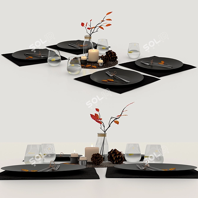 Autumn Vibes: Pinecone & Yellow Leaf Table Setting 3D model image 1